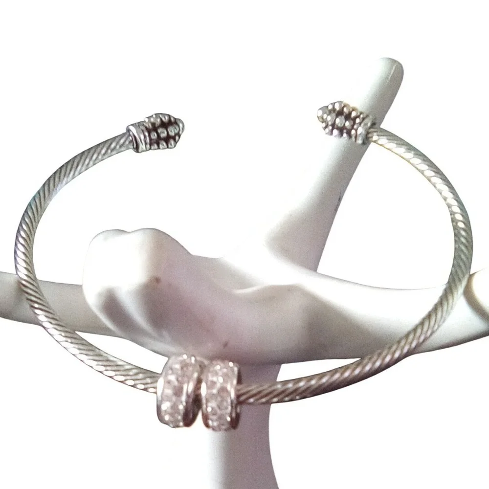 Nine West Silver Tone Crystal Bangle Bracelet Set 3 Piece Stackable Cuff Hinged